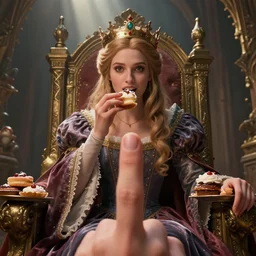 highly detailed closeup, straight fingers, portrait of a fairytale medieval princess wearing a crown and sitting on a throne eating cakes, unreal engine, nicoletta ceccoli, mark ryden, earl norem, lostfish, global illumination, god rays, detailed and intricate environment
