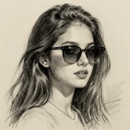 Portrait of a woman, long hair, sunglasses, pencil sketch, concept art