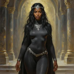 painting of alluring cleric black woman in the holy temple, detailed face, messy black hair, skintight tunic and leggins, circlet, silver accessories, high fantasy, dnd, smooth, sharp focus, award - winning, masterpiece, extremely detailed, intricate, art by rebecca guay, rossdraws