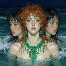 hyperrealist, half body pearl skin, tribal green jewelry submerge in a ocean waves at night, wet by lucian freud and victo ngai and alphonse mucha very detailed faces