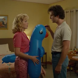 still from a 1983 independent film about a desperate housewife wearing an inflatable toy as she meets a handsome younger man in a seedy motel room
