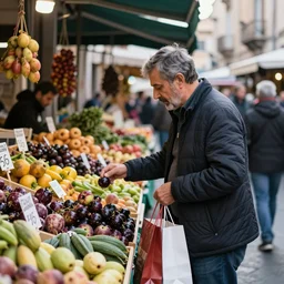 a picture of an average citizen of Catania Sicily having shopping at the market, highly detailed