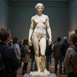 a crowd around a sculpture of a limbless human body in the middle of a museum painted by edward hopper