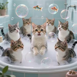 cats in soap bubbles in bathroom, by nicoletta ceccoli, mark ryden, lostfish, max fleischer, depth of field, detailed and intricate environment, 8 k resolution, hyperrealistic, octane render, no human, magic fog, shiny luminescence bubbles