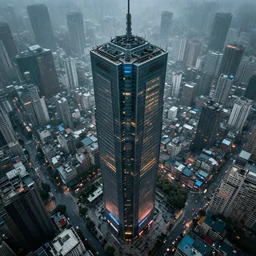 a giant skyscraper amidst a slum, raining, cyberpunk style, photorealistic, bird's eye view