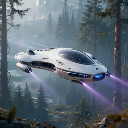 futuristic levitating luxury personal starship designed by apple with a laser cannons flying above the tundra forest art by greg rutkowski and paul ozzimo, epic fantasy sci - fi volumetric light clear focus detailed unreal engine digital art trending on artstation deviantart octane render,