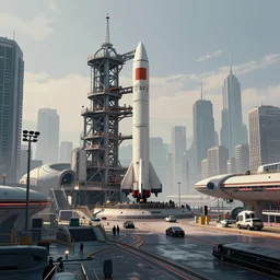 a beautiful, sharp focus, and immaculate overcast futuristic spaceport. vaporwave ombre rendering. outrun style. rocket on the launch pad in the style of a travel poster. trending on artstation. recommended for you behance. by chris moore. by edward hopper. beeple colors. ambient occlusion. digital matte painting. metropolis filmic. gotham city.