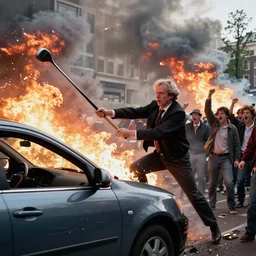 2 4 mm colour photograph of geert wilders attacking and wrecking a car with golf club in amsterdam while angry mob is shouting, fire, smoke, atmospheric lighting, by joel meyerowitz, by saul leiter