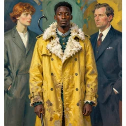 black man wearing a dirty tattered yellow trench coat with white fur lapels and a hook for a hand by alphonse mucha and norman rockwell. highly detailed!, hyper - real, beautiful!