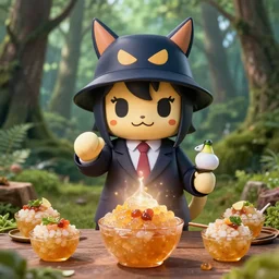 4 5 mm 1 9 9 7 cooking food photography of an corporate mascot at a forest summoning an anime demon bucket hat aspic catgirl, photography by tyler mitchell johfra bosschart