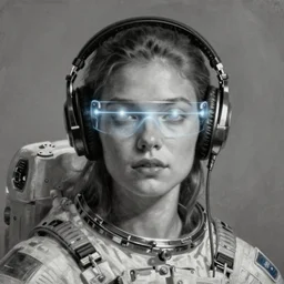 neon cyberpunk programmer with laser visor over eyes and sleek headphones headshot desaturated portrait painting by donato giancola, dean cornwall, rhads, tom whalen, alex grey astronaut fashion photography