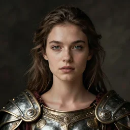 close - up portrait of beautiful model dressed gladiator with metallic armor, art by karen knorr