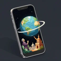 illustration of a mobile phone with a planet inside the screen going out of it, in 2 d, first person, detailed and intricate forty five degree isometric, cross john berkey and vincent di fate and ralph mcquarrie, maurits cornelis