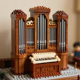 tilt shift photo of a pipe organ designed by da vinci made of legos