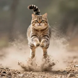 award winning wildlife photography, a fat house cat, midair, launching towards the camera at high speed, jet propulsion cat, straight shot, high shutter speed, dust and sand in the air, wildlife photography by Paul Nicklen, shot by Joel Sartore, Skye Meaker, national geographic, perfect lighting, blurry background, bokeh