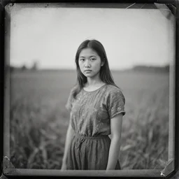 asian girl in fields, old vintage photography, damaged photo, daguerreotype, ambrotype, black and white, archive, film artifacts, scratches, tears, hyperrealistic, ultra detailed