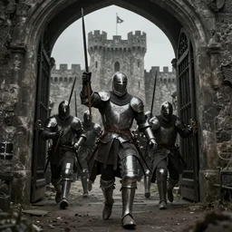 A captain commanding his knights to charge through the gates of a castle, war, dark atmosphere, insane detail, medieval fantasy, upscaled, 8k resolution, masterpiece, award winning