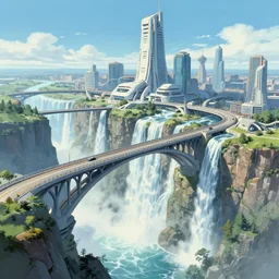 A beautiful illustration of a futuristic city of bridges built on a world of waterfalls by Robert McCall and Ralph McQuarrie | sparth:.1 | Time white:.2 | Rodney Matthews:.2 | Graphic Novel, Visual Novel, Colored Pencil, Comic Book:.4 | unreal engine:.3 | | viewed from above | establishing shot:.7