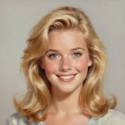 a portrait of a beautiful blonde Sandy from Grease (1978), smiling, clear eyes, illustration, soft lighting, soft details, painting oil on canvas, octane render, HDR, trending on artstation, 4k, 8k, HD