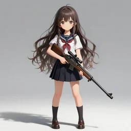 anime, full body, cute, female, a cute girl wearing a school uniform and holding a sniper rifle, long wavy hair, light and shadow effects, highly detailed, digital painting, art station, sharp focus, high quality, frontal view, illustration, concept art, advanced digital anime art