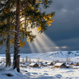 beautiful chinese forest and a alaskan tundra snow covered landscape, with a quant village peaceful painted by greg rutkowski, makati shinkai, james gurney, wlop