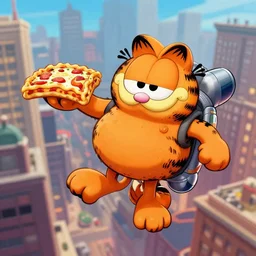 garfield flying around the city with a jetpack while holding lasagna in his right hand, in the style of jim davis