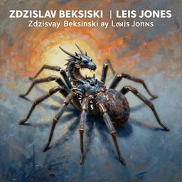 painting of hybrid spider!! & dragon, intercrossed animal, by zdzislaw beksinski, by lewis jones, cold hue's, warm tone gradient background, concept art, digital painting