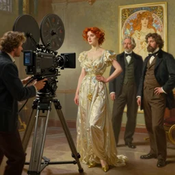 highly detailed oil painting | very intricate | cinematic lighting | award - winning | film director | camera film equipments shooting actress on movie studio | by charlie bowater, by greg rutkowski, by j. c. leyendecker and edmund blair leighton, beautiful cinematic light, american romanticism, by alphonse mucha, artstation, cgsociety, official art, octane
