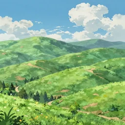 green hills with a blue sky with clouds, scene from an anime movie, 4k,