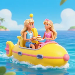 ken and barbie having cake by the ocean on a yellow submarine - digital art