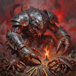 fine art oil painting pencils varied muck jeweled, filthy rugated armored crustaceans clawing & terrified as massive brutalist, evil, final battle failure, chrome drip, red mustard gas fog, by alex nino by francesco blanc, & by jack gaughan high resolution, hyper detailed, torch light shot by artstation winner, macro lens, 8 k resolution