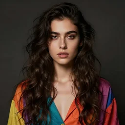 androgynous person with long dark wavy hair in colorful clothing
