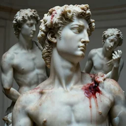 beautiful closeup portrait of a ethereal male with a blood everywhere, marble sculpture by greg rutkowski, josan gonzalez, rodin, michelangelo, cinematography by christopher nolan, imaginative, creative, emotion : madness