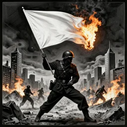 a soldier in black clothes burning a white flag, against the backdrop of a burning city, battle of good versus evil, insanely detailed and intricate, hyperrealistic, made by escher, 8 k