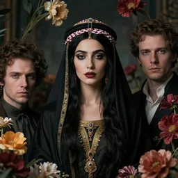 portrait of the arab queen of the underworld, surrounded by flowers by karol bak, james jean, tom bagshaw, rococo, sharp focus, trending on artstation, cinematic lighting, hyper realism, octane render, 8 k, hyper detailed.