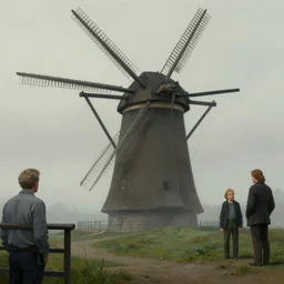 detailed ultra - realistic graphic novel illustration of a dystopian watermill scene by edward hopper and gregory crewdson, cinematic, muted colors, cinematic fog, full shot, george adult, carel willink, mc escher, norman rockwell
