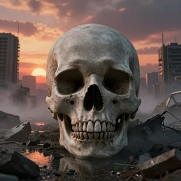 concrete skull, surrounded by post apocalyptic city, ponds of water, stunning volumetric lighting, sundown, stunning skies, trending on Artstation, 8k, photorealistic, hyper detailed, unreal engine 5, IMAX quality, cinematic, epic lighting, cryengine, octane render, gloomy, foggy, dark