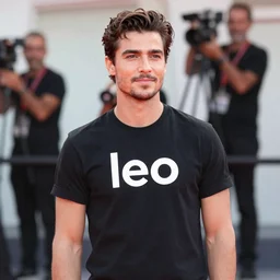 photograph of a stunningly handsome man wearing a black tshirt with the word “ leo ” printed on it in white letters. he is standing on the red carpet at the venice film festival