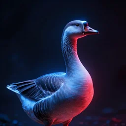 portrait of an ethereal graylag goose made of blue and red light, divine, cyberspace, mysterious, dark high-contrast concept art