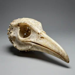 fossilized bird head long beak bird fossil, studio lighting