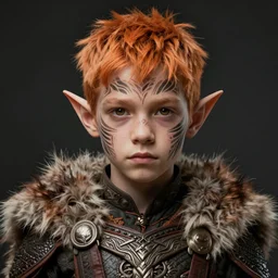 portrait painting of very young elf with short light orange hair and tribal tattoos on his face wearing fur armor, ultra realistic, concept art, intricate details, eerie, highly detailed, photorealistic, octane render, 8 k, unreal engine. art by artgerm and greg rutkowski and charlie bowater and magali villeneuve and alphonse mucha