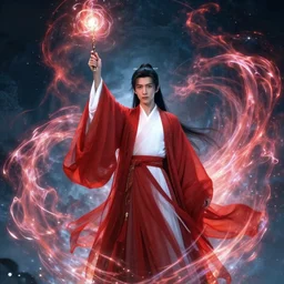 man with long red robe over a white shirt magic wand raised high, facing camera, swirling magical energy, magic realism, artwork by chengwei pan, trending on artstation