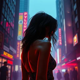 back facing of a beautiful girl, cyberpunk, intimate, city, spotlight, passionate, by greg rutkowski, by jeremy mann, by francoise nielly,, 4 k, 8 k, correct body proportion