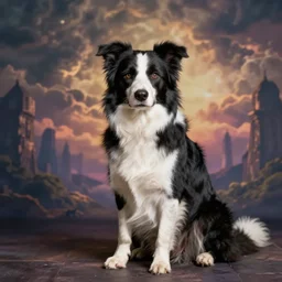 sitting border collie with fantasy background by lilia alvarado