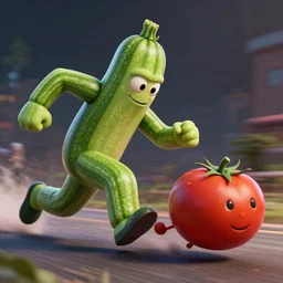detailed 3 d render of a zucchini assassin character hunting a tomato character at high speed, dramatic scene, hyper realistic octane render, cinematic lighting, deviantart, pop - surrealism, lowbrow, frame from pixar movie