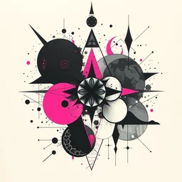 tattoo design on paper, random geometric shapes, heavy black ink, grey and neon pink, art nouveau, art by greg rutkowski, joe fenton, mucha