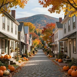 narrow new england colonial city street with shops and pumpkins, maple trees with fall foliage, new hampshire mountain, stone walls, volumetric, realistic, cinematic lighting, ray tracing, unreal engine 5, octane render, hyper realistic, photo, 8 k