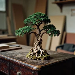 bonzai tree on an old desk, close up, home lighting, dark old carpentry room backdrop, blurry background stuff, film grain, 3 5 mm panavision camera, high detail