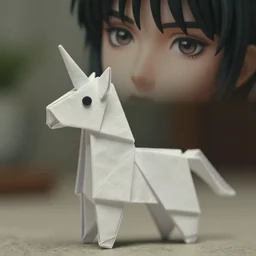 beautiful three point perspective film still of origami unicorn in blade runner, extreme closeup portrait in style of frontiers in miniature porcelain photography fashion seinen manga edition, miniature porcelain portrait, eye contact, tilt shift style scene background, soft lighting, kodak portra 4 0 0, 8 k, macro, cinematic style by emmanuel lubezki