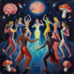 a beautiful masterpiece painting of people who dance around ( in a space disco ) and brain and mushroom and pills, oil painting by cuno amiet, andrey remnev, frank stella, james jean, kazimir malevich, pavel filonov, robert rauschenberg, prismatic, glowing, raven black, trending on artstation